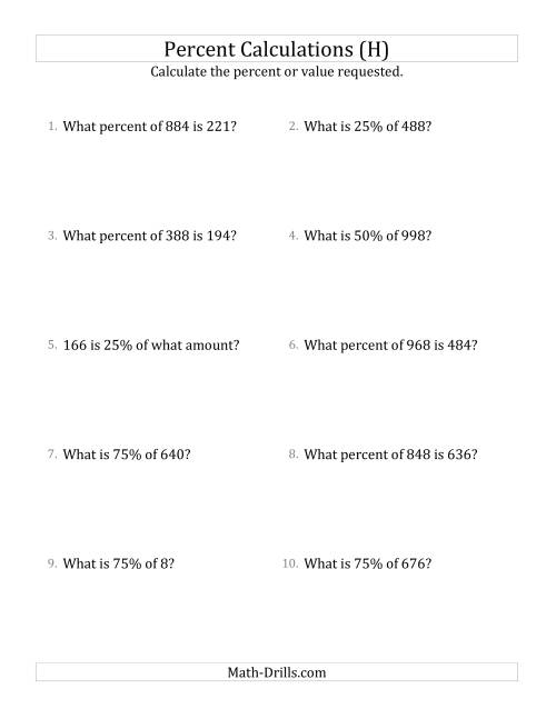 The Mixed Percent Problems with Whole Number Amounts and Multiples of 25 Percents (H) Math Worksheet