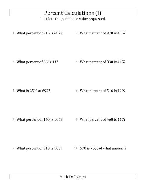The Mixed Percent Problems with Whole Number Amounts and Multiples of 25 Percents (J) Math Worksheet