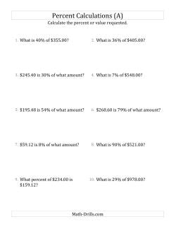 Mixed Percent Problems with Decimal Currency Amounts and All Percents