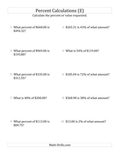 The Mixed Percent Problems with Decimal Currency Amounts and All Percents (E) Math Worksheet