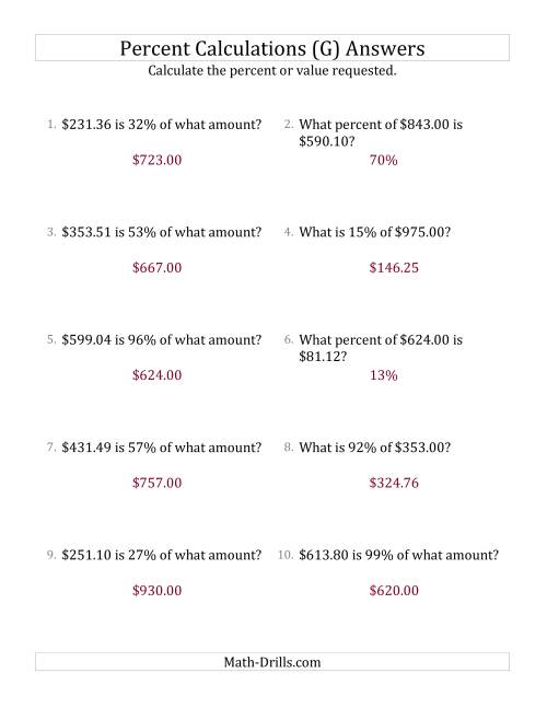 The Mixed Percent Problems with Decimal Currency Amounts and All Percents (G) Math Worksheet Page 2