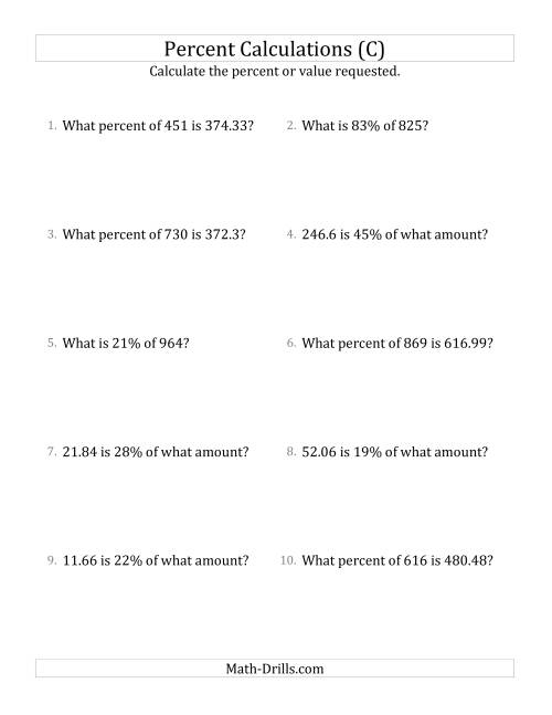 The Mixed Percent Problems with Decimal Amounts and All Percents (C) Math Worksheet