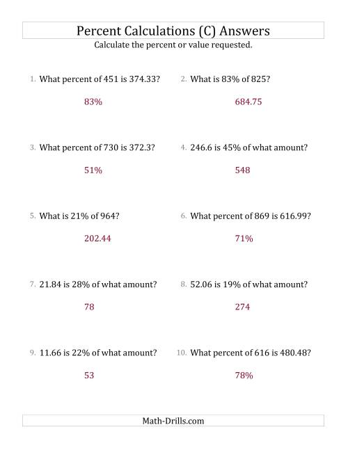 The Mixed Percent Problems with Decimal Amounts and All Percents (C) Math Worksheet Page 2