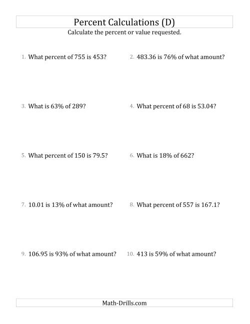The Mixed Percent Problems with Decimal Amounts and All Percents (D) Math Worksheet