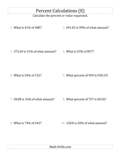 The Mixed Percent Problems with Decimal Amounts and All Percents (E) Math Worksheet