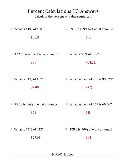 The Mixed Percent Problems with Decimal Amounts and All Percents (E) Math Worksheet Page 2