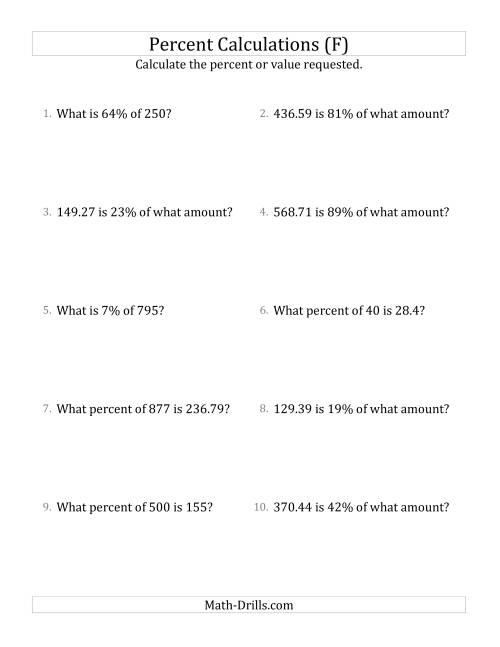 The Mixed Percent Problems with Decimal Amounts and All Percents (F) Math Worksheet