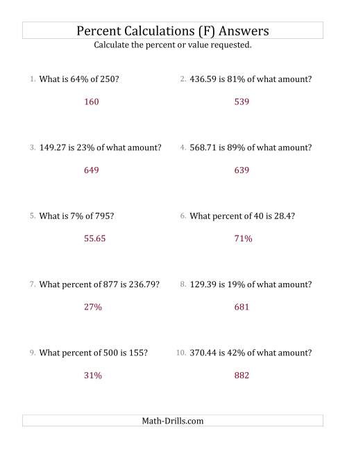 The Mixed Percent Problems with Decimal Amounts and All Percents (F) Math Worksheet Page 2