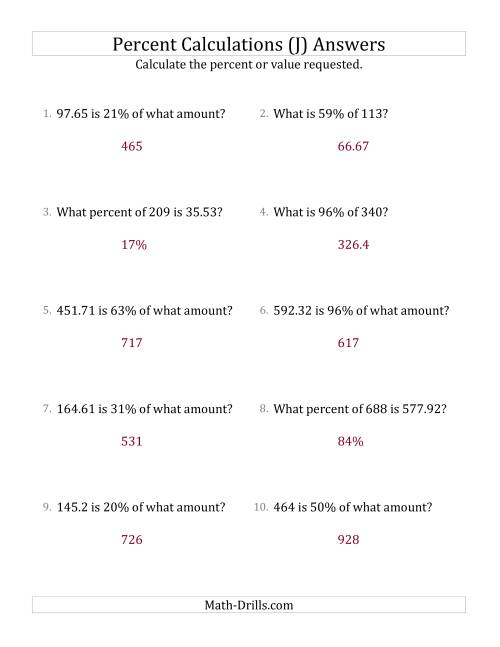 The Mixed Percent Problems with Decimal Amounts and All Percents (J) Math Worksheet Page 2