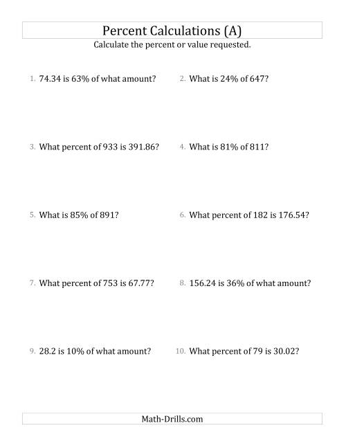 The Mixed Percent Problems with Decimal Amounts and All Percents (All) Math Worksheet