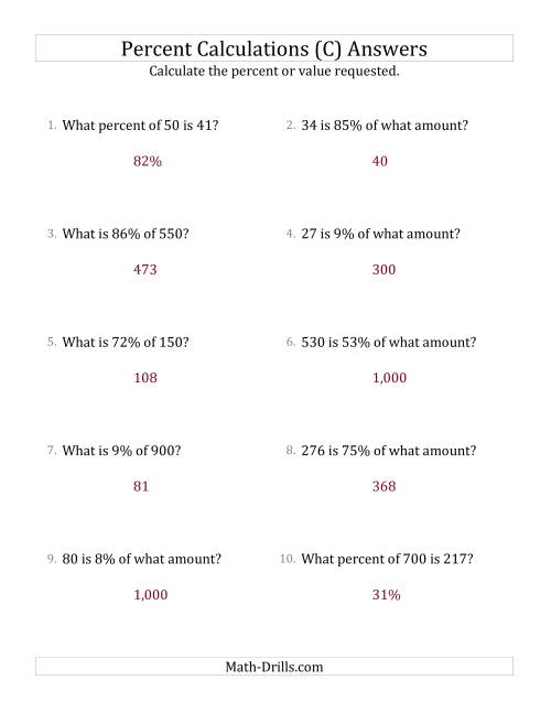 The Mixed Percent Problems with Whole Number Amounts and All Percents (C) Math Worksheet Page 2
