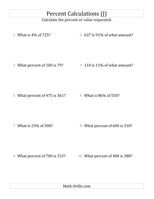 The Mixed Percent Problems with Whole Number Amounts and All Percents (J) Math Worksheet