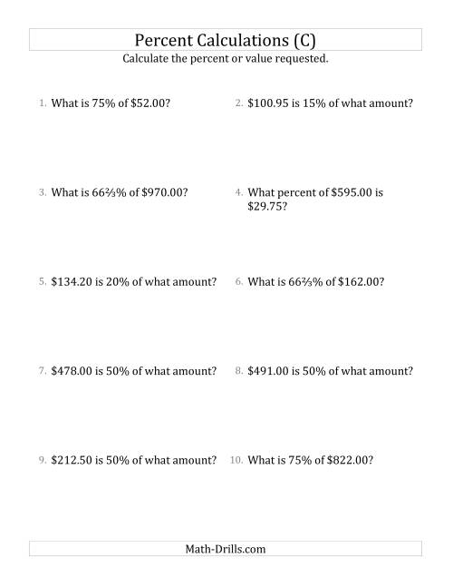 The Mixed Percent Problems with Decimal Currency Amounts and Select Percents (C) Math Worksheet