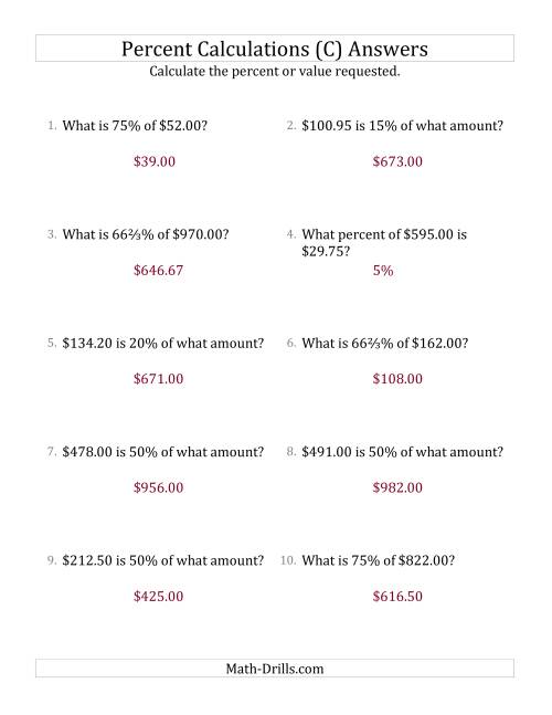 The Mixed Percent Problems with Decimal Currency Amounts and Select Percents (C) Math Worksheet Page 2