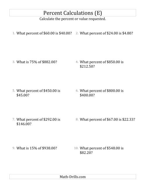 The Mixed Percent Problems with Decimal Currency Amounts and Select Percents (E) Math Worksheet