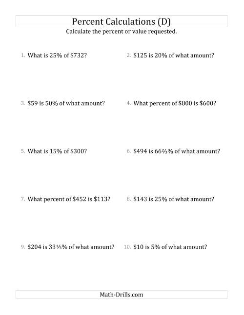 The Mixed Percent Problems with Whole Number Currency Amounts and Select Percents (D) Math Worksheet
