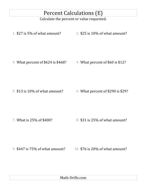 The Mixed Percent Problems with Whole Number Currency Amounts and Select Percents (E) Math Worksheet