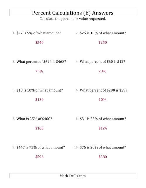 The Mixed Percent Problems with Whole Number Currency Amounts and Select Percents (E) Math Worksheet Page 2