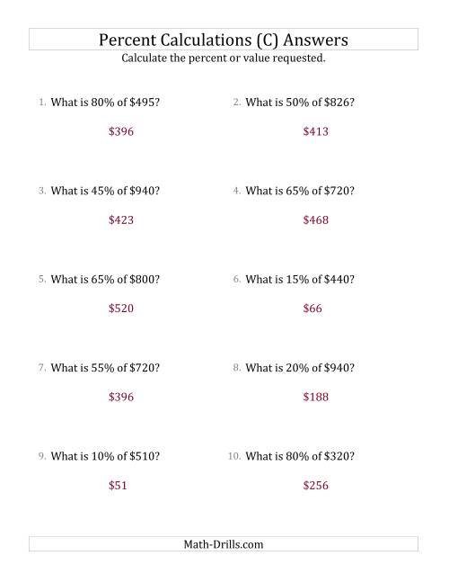 The Calculating the Percent Value of Whole Number Currency Amounts and Multiples of 5 Percents (C) Math Worksheet Page 2