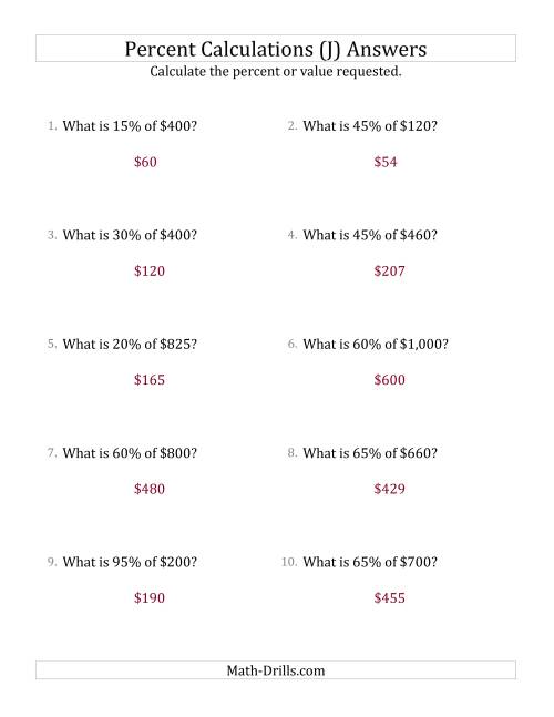 The Calculating the Percent Value of Whole Number Currency Amounts and Multiples of 5 Percents (J) Math Worksheet Page 2