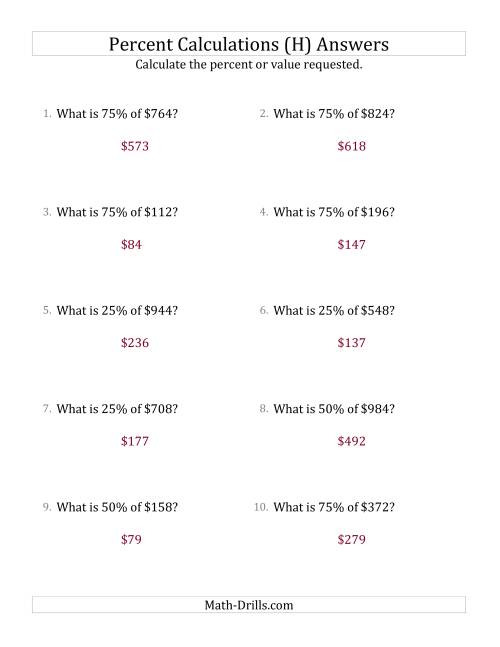 The Calculating the Percent Value of Whole Number Currency Amounts and Multiples of 25 Percents (H) Math Worksheet Page 2