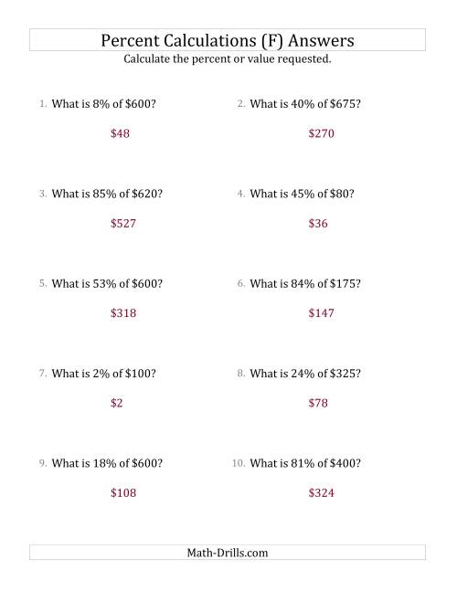The Calculating the Percent Value of Whole Number Currency Amounts and All Percents (F) Math Worksheet Page 2