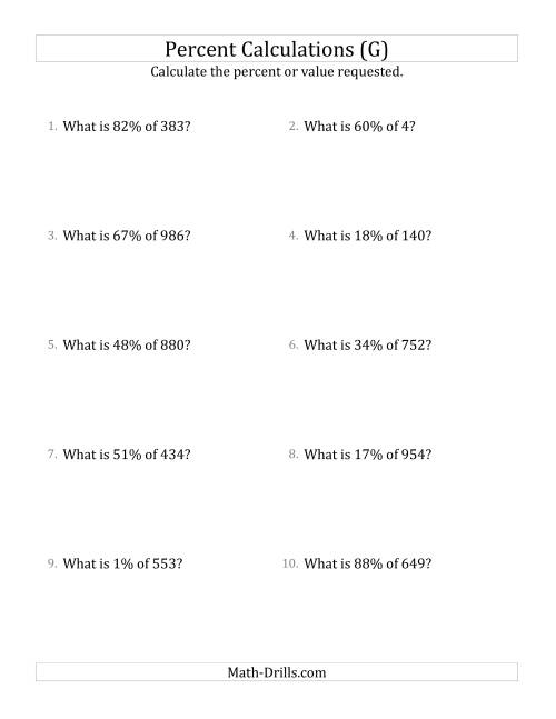 The Calculating the Percent Value of Decimal Amounts and All Percents (G) Math Worksheet