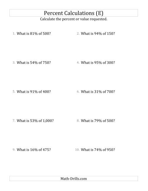 The Calculating the Percent Value of Whole Number Amounts and All Percents (E) Math Worksheet