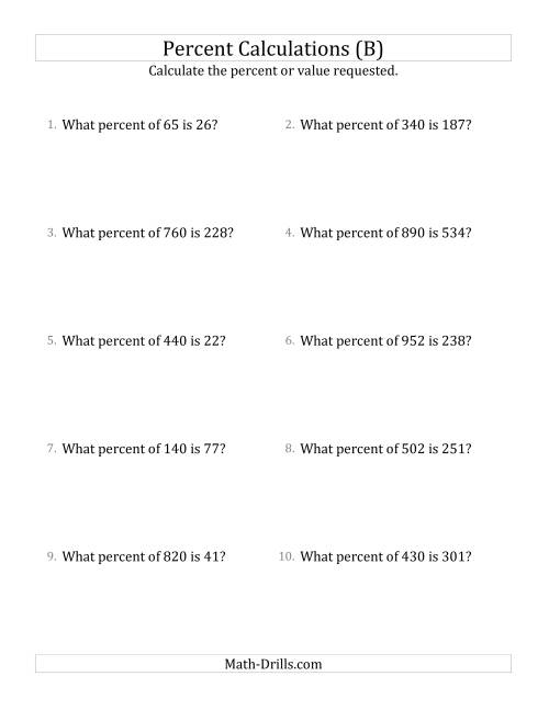The Calculating the Percent Rate of Whole Number Amounts and Multiples of 5 Percents (B) Math Worksheet