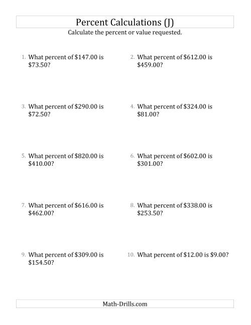 The Calculating the Percent Rate of Decimal Currency Amounts and Multiples of 25 Percents (J) Math Worksheet