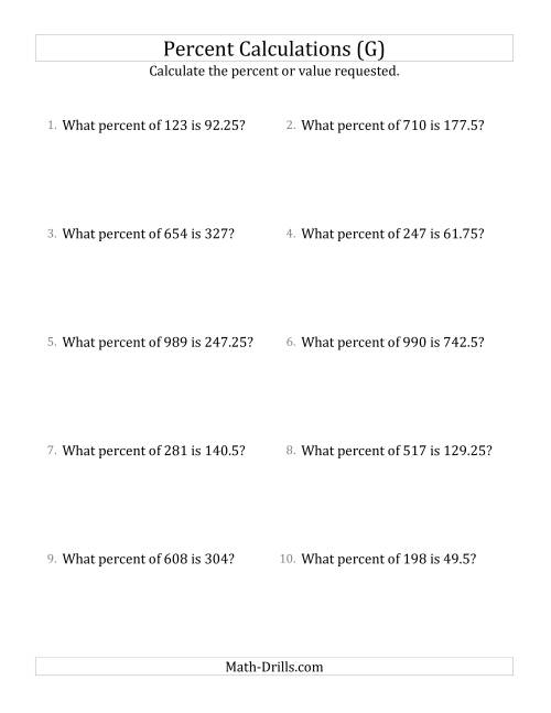 The Calculating the Percent Rate of Decimal Amounts and Multiples of 25 Percents (G) Math Worksheet