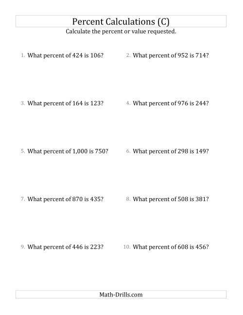 The Calculating the Percent Rate of Whole Number Amounts and Multiples of 25 Percents (C) Math Worksheet