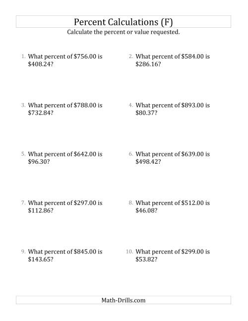 The Calculating the Percent Rate of Decimal Currency Amounts and All Percents (F) Math Worksheet