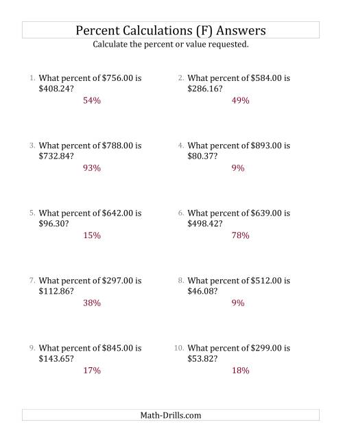 The Calculating the Percent Rate of Decimal Currency Amounts and All Percents (F) Math Worksheet Page 2