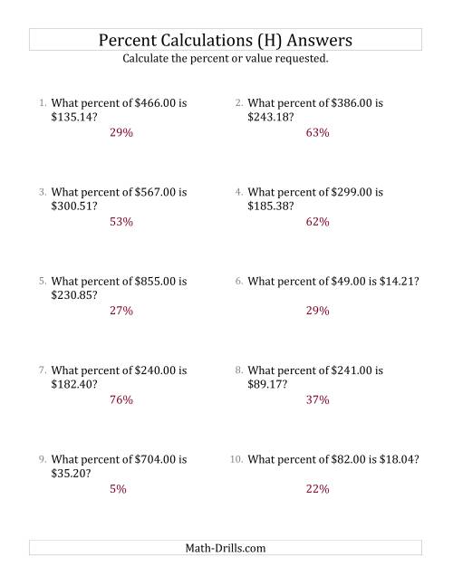 The Calculating the Percent Rate of Decimal Currency Amounts and All Percents (H) Math Worksheet Page 2