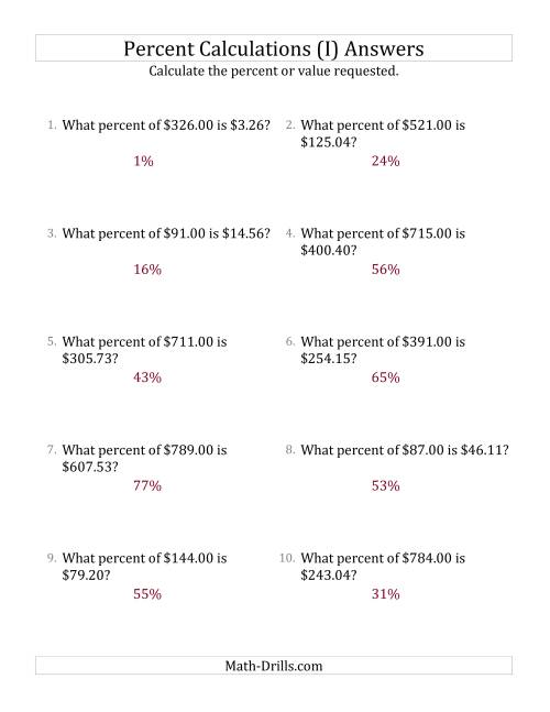 The Calculating the Percent Rate of Decimal Currency Amounts and All Percents (I) Math Worksheet Page 2