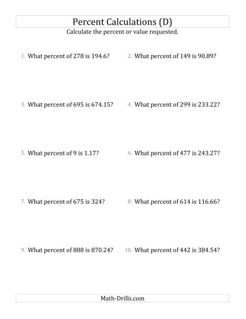 The Calculating the Percent Rate of Decimal Amounts and All Percents (D) Math Worksheet