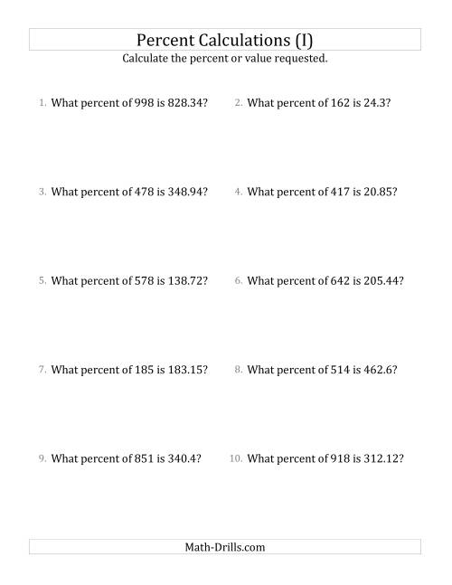 The Calculating the Percent Rate of Decimal Amounts and All Percents (I) Math Worksheet