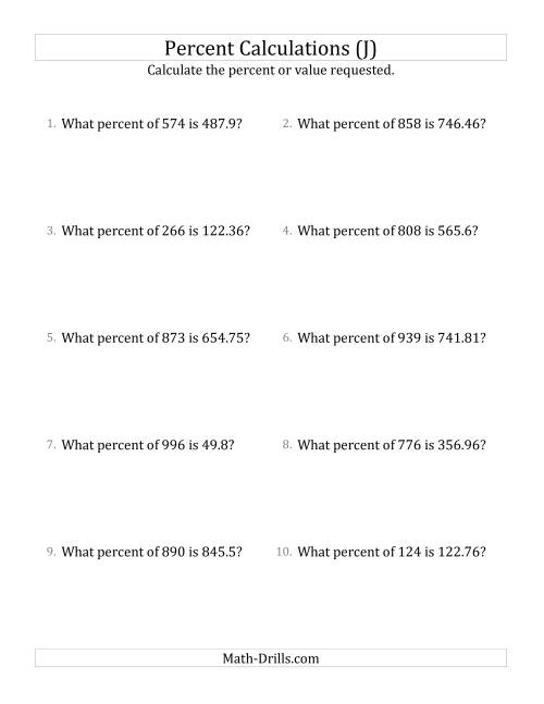 The Calculating the Percent Rate of Decimal Amounts and All Percents (J) Math Worksheet