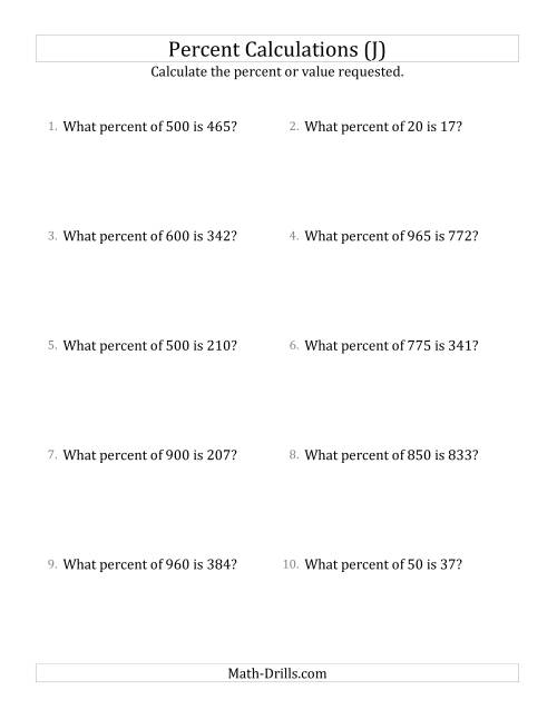 The Calculating the Percent Rate of Whole Number Amounts and All Percents (J) Math Worksheet