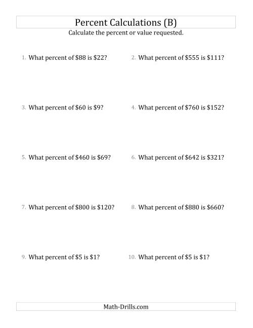 The Calculating the Percent Rate of Whole Number Currency Amounts and Select Percents (B) Math Worksheet