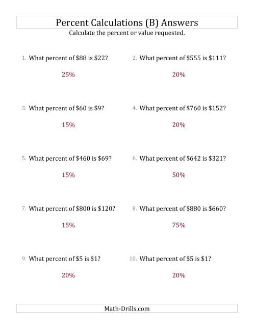 The Calculating the Percent Rate of Whole Number Currency Amounts and Select Percents (B) Math Worksheet Page 2