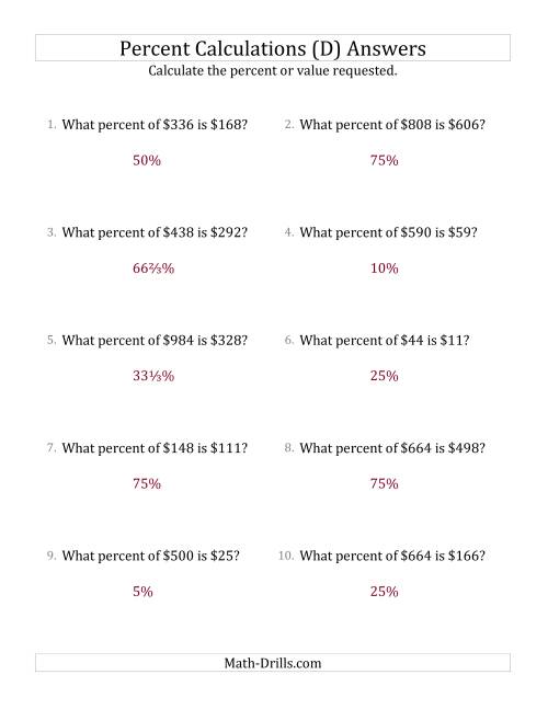 The Calculating the Percent Rate of Whole Number Currency Amounts and Select Percents (D) Math Worksheet Page 2