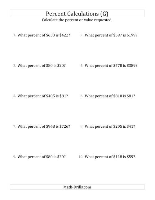 The Calculating the Percent Rate of Whole Number Currency Amounts and Select Percents (G) Math Worksheet