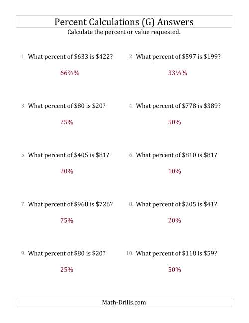 The Calculating the Percent Rate of Whole Number Currency Amounts and Select Percents (G) Math Worksheet Page 2