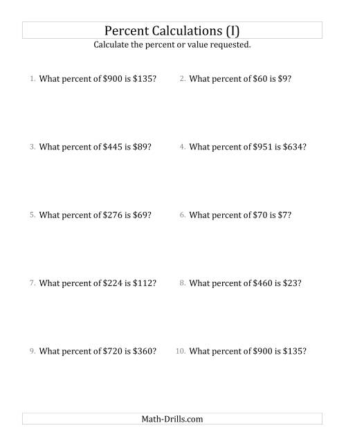 The Calculating the Percent Rate of Whole Number Currency Amounts and Select Percents (I) Math Worksheet