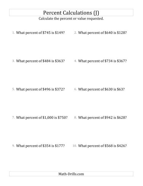 The Calculating the Percent Rate of Whole Number Currency Amounts and Select Percents (J) Math Worksheet