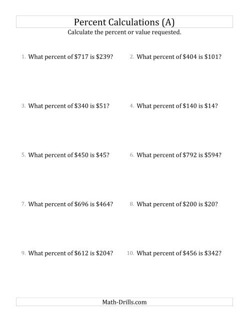 The Calculating the Percent Rate of Whole Number Currency Amounts and Select Percents (All) Math Worksheet