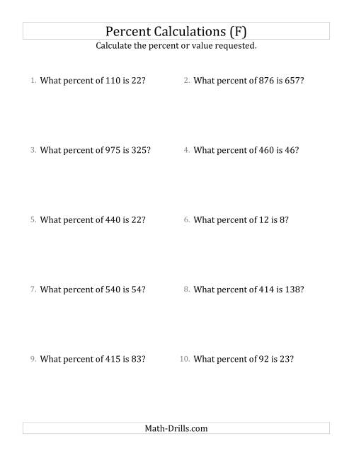 The Calculating the Percent Rate of Whole Number Amounts and Select Percents (F) Math Worksheet