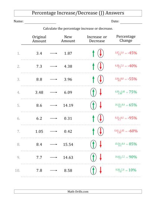 The Percentage Increase or Decrease of Decimal Numbers with 5 Percent Intervals (J) Math Worksheet Page 2